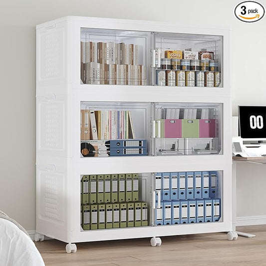 600 QT Extra Large Stackable Storage Bins with Lid, 150 Gal Collapsible Storage Box with Wheels, Folding Closet Organizers and Storage Cabinet with Doors for Home, Kitchen, Office, 3Pack White