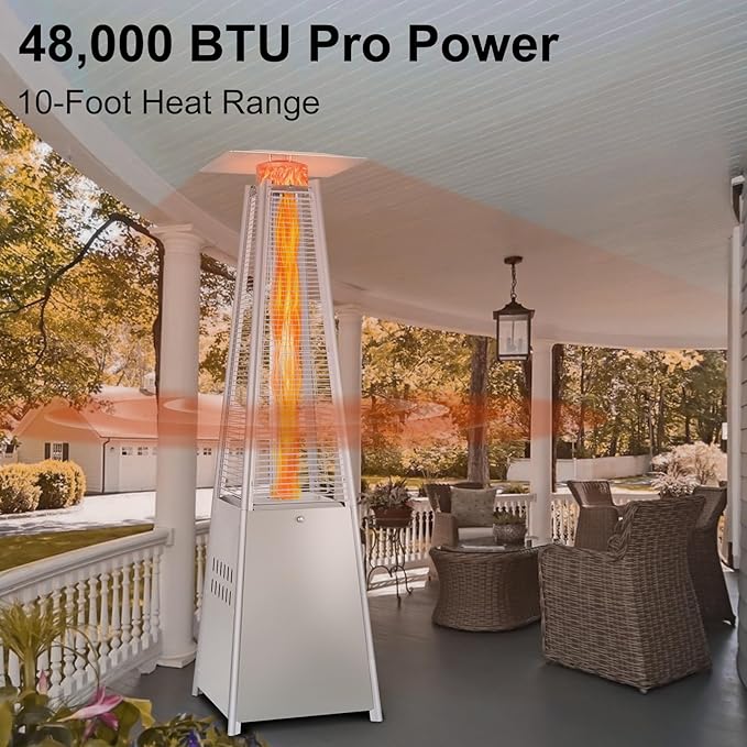 Hykolity 48000 BTU Pyramid Patio Heater, Outdoor Propane Heaters with Wheels and Cover, Glass Tube Propane Patio Heater for Backyard, Garden, Porch and Pool, Silver Grey
