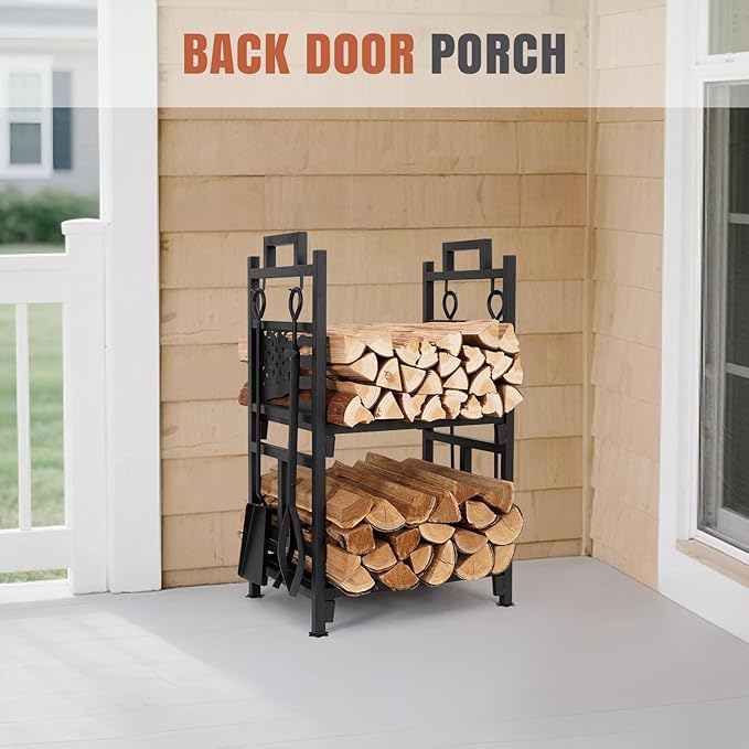 INNO STAGE Firewood Rack Fireplce Firepit Tools Set Double Layer Iron Wood Log Holder for Fire Place Outdoor Indoor Accessories-Brush, Shovel, Tong, Hook