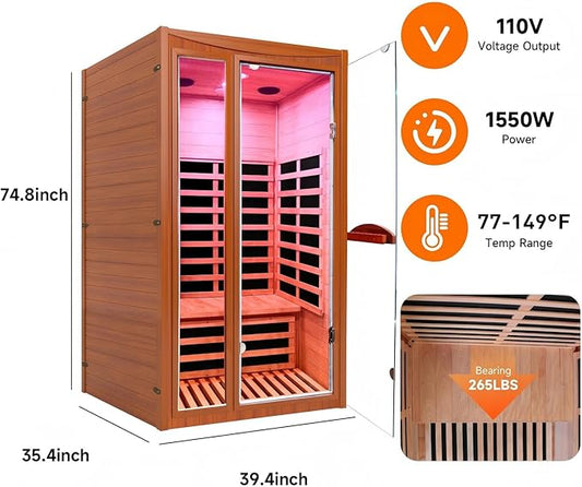 Lamar Far Infrared Sauna with Red Light Therapy, Personal Sauna for Home Spa, Low EMF, 7-Color Light & Bluetooth Speakers, 1550W, Indoor or Outdoor Use, 39.4 x 35.4 x 74.8 inches