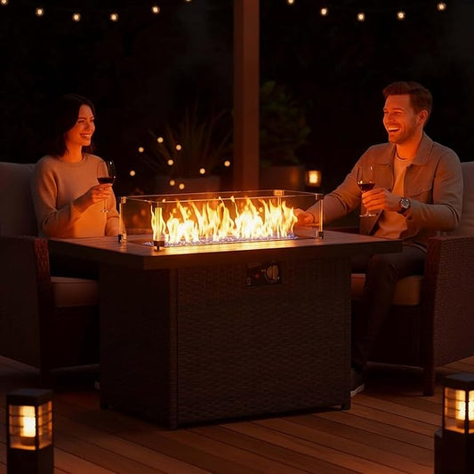 Propane Fire Pit Table, 44" Outdoor Gas Fire Pit with Glass Wind Guard & Waterproof Cover