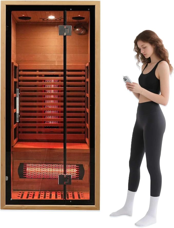 Smartmak Full Spectrum Far Infrared Sauna, 1 Person Indoor Canadian Hemlock, Upgraded WiFi Home Spa Sauna, Low EMF, Speakers, Oxygen Bar, Reading & 7-Color Starlight (1350W,110V US Plug)