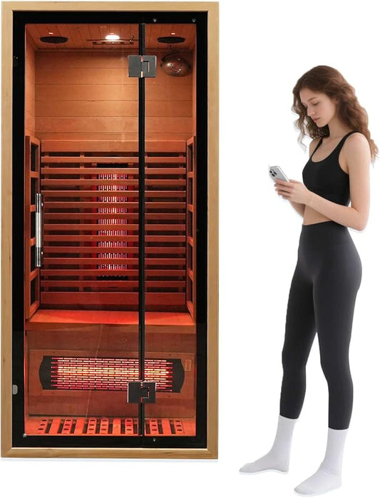 Smartmak Full Spectrum Far Infrared Sauna, 1 Person Indoor Canadian Hemlock, Upgraded WiFi Home Spa Sauna, Low EMF, Speakers, Oxygen Bar, Reading & 7-Color Starlight (1350W,110V US Plug)