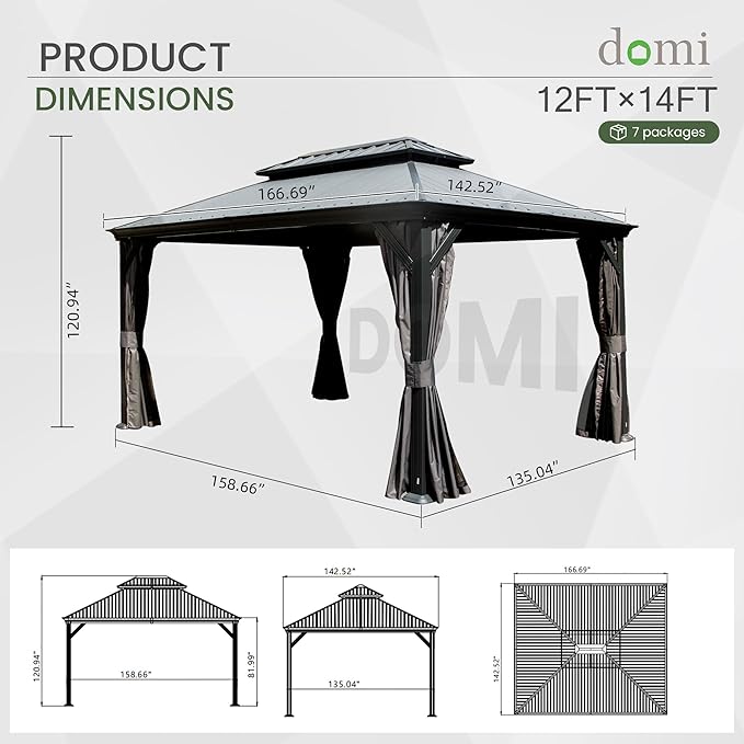 Domi 12' X 14' Hardtop Gazebo, Upgraded Metal Gazebo with Dual-Layer Resin Roof, Drainage System, Curtain and Netting, Outdoor Shelter Canopy for Patio, Garden, and Backyard, Grey