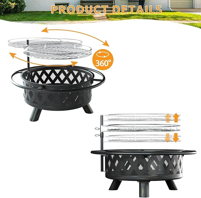 Amopatio Outdoor Fire Pit with Lid, 30 Inch Large Outdoor Wood Burning Fire Pits, Patio Backyard Firepit with Steel BBQ Grill Cooking Grate, Spark Screen & Poker for Garden, Bonfire, Camping, Picnic