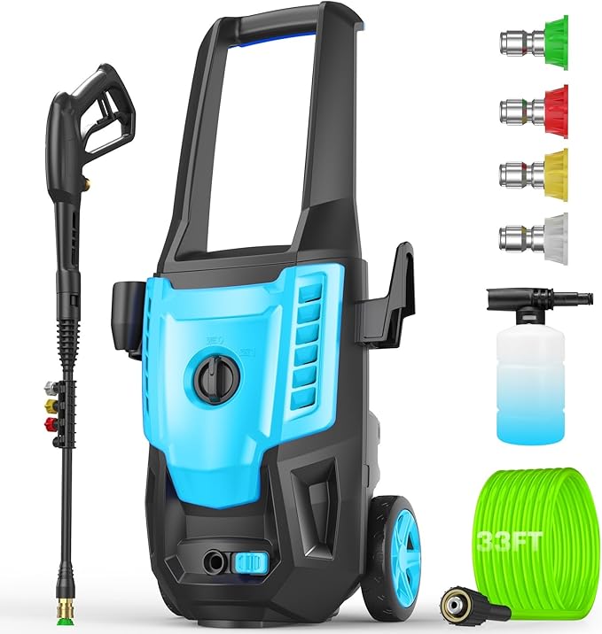 Electric Pressure Washer 5000PSI, High Power Washer with 33FT Hose Reel, 4 QC Nozzles and Soap Bottle, Power Cleaners Machine for Cars/Home/Driveways/Patios/Decks/Fences, Light Blue.