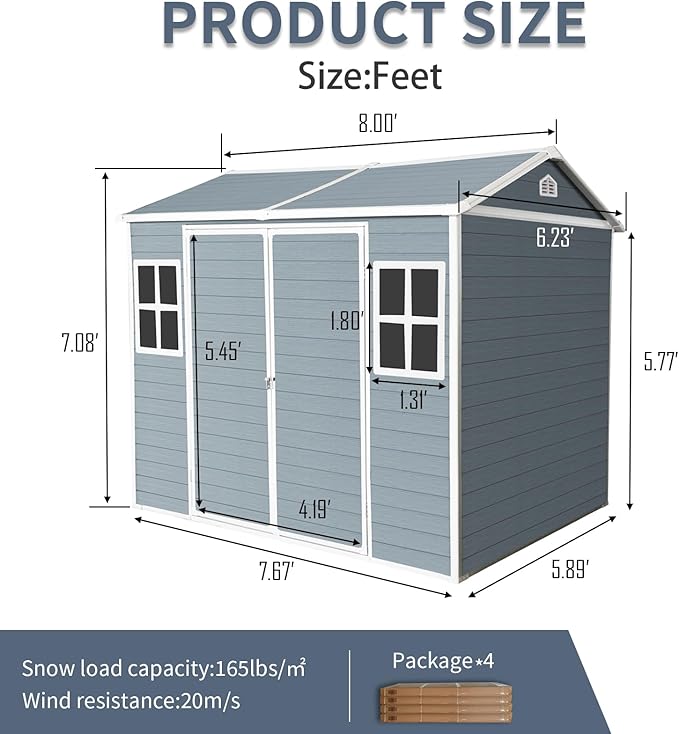 8x6 ft Outdoor Resin Storage Shed with Floor, Waterproof Plastic Garden Shed with Lockable Door and Two Windows, All-Weather Tool Sheds for Backyard, Patio, Lawn (Grey)