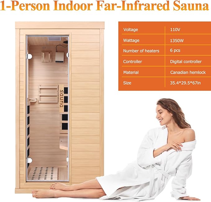 Far Infrared Sauna Room for Home Use - 1350W Natural Hemlock Indoor Personal Wooden Personal Dry Sauna with Rapid Heating, Perfect for Athletes, Busy Professionals & Arthritis Sufferers