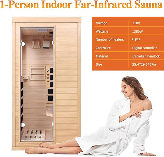 Far Infrared Sauna Room for Home Use - 1350W Natural Hemlock Indoor Personal Wooden Personal Dry Sauna with Rapid Heating, Perfect for Athletes, Busy Professionals & Arthritis Sufferers