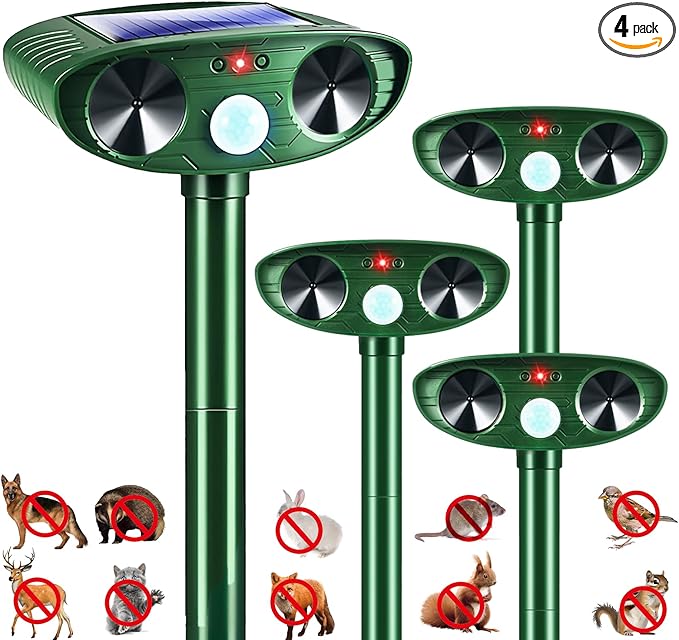 4 Pack 2026 Solar Ultrasonic Animal Repellent Outdoor Cat Squirrel Deer Repellent Devices Rabbit Deterrent for Garden,Animal Repeller with Motion Sensor for Dog Skunk Raccoon Rabbit Rodent