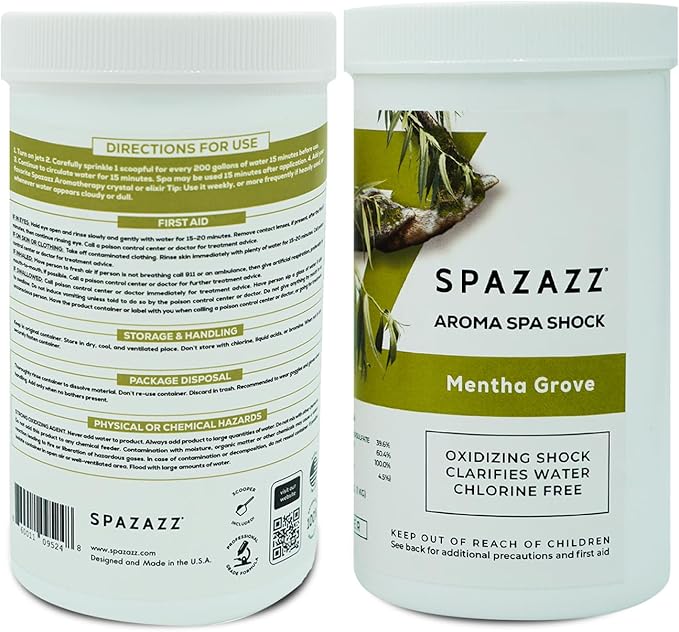 Spazazz Aroma Scented Non Chlorine Spa & Hot Tub Shock Chlorine Free Oxidizer Treatment. Water Clarifier with Potassium Monopersulfate - Professional Grade- Mentha Grove 2.2lb
