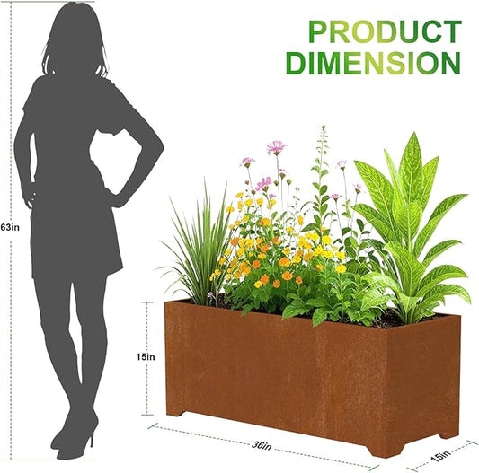 Co-rten Metal Garden Planter Box, Large Outdoor Rectangle Planters with 6 Drainage Holes & Raised Bottom, All-Weather Rust-Resistant Container for Patio, Deck, Commercial Use, 36"L x 15"W x 15"H