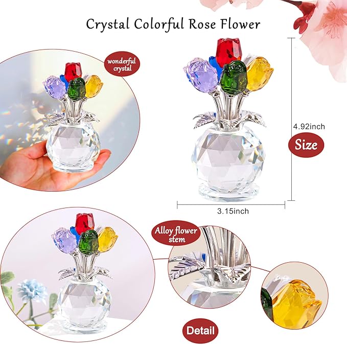 Crystal Colorful Roses Collectible Figurine,Valentines Gifts for Women Mom Girlfriend Wife Bouquet Figurines Artificial Glass Crysta Flowers, Mother's Day Birthday