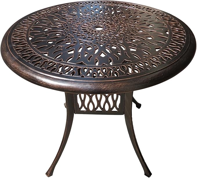 FAPOLITE Outdoor Table Cast Aluminum Round Patio Table with Umbrella Hole All Weather Outdoor Dining Table for Lawn Garden Backyard (106cm YLSB Round Table)