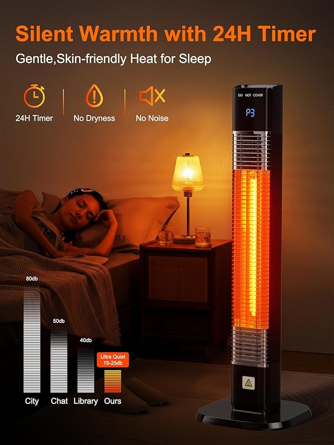 YEW Outdoor Electric Patio Heater, 1500w Infrared Heaters with Remote, 24H Timer, 3 Heat Levels, Waterproof, Quiet, Tip-Over Protection, Portable Tower Heaters for Porch,Garage,Balcony,Backyard