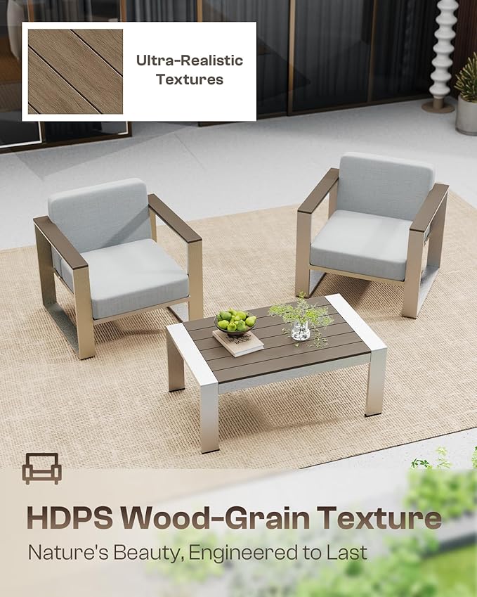 Outdoor Furniture Set, 5 Piece Aluminum Patio Furniture Set with Coffee Table, Wide Seat and Thick Cushions, Outdoor Patio Conversation Sets for Deck, Porch (LightGray)