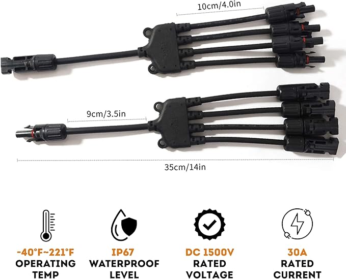 XYRIS Solar Connectors Y Branch Parallel 1 to 4 Adapter Cable Wire Plug Tool Kit for Solar Panel (M/FFFF+F/MMMM, 2 Pair)