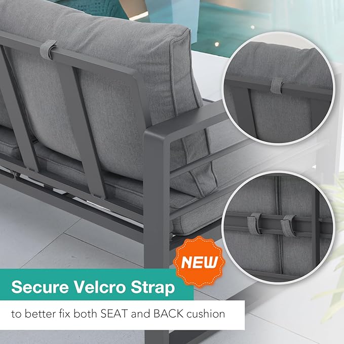Patiorama Aluminum Patio Furniture Set, 4 PCS Modern Patio Conversation Set, All Weather Dark Grey Outdoor Sectional Sofa Set w/Table, 3-Seater Sofa, Superior Olefin Cushion, Garden-Grey Cushion