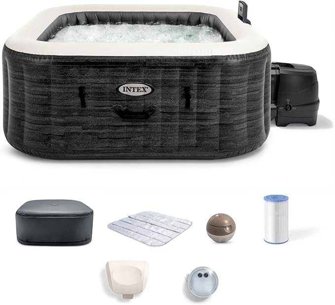 INTEX 28451EH PureSpa Greystone Deluxe Spa Set: Includes Energy Efficient Spa Cover - 170 Bubble Jets - Square Design - 6 Person Capacity - 77" x 28"