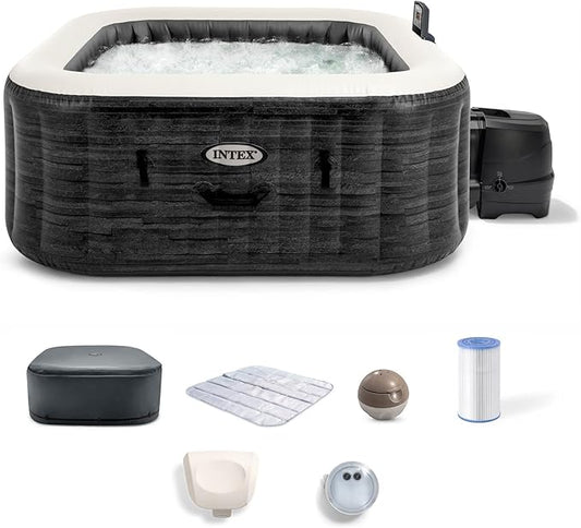 INTEX 28451EH PureSpa Greystone Deluxe Spa Set: Includes Energy Efficient Spa Cover - 170 Bubble Jets - Square Design - 6 Person Capacity - 77" x 28"
