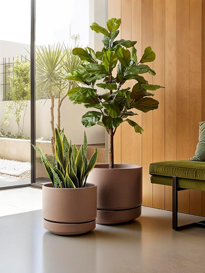 LE TAUCI Large 14 Inch Plant Pot with Saucer | Ceramic Outdoor & Indoor Big Planter Pot | Drainage Hole, Mesh Pad & Plug | Unglazed Porous | Modern Minimalist for Home and Patio – Terracotta Color