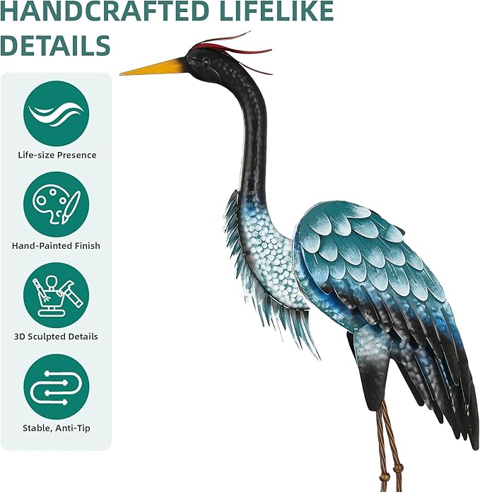 Ultym 44.8" Extra-Large Crane Decor, Handcrafted Metal Heron Lawn Sculptures with Stable U-Ground Stakes, Backyard Decoration, Metal Garden Bird Animal Yard Art, Lawn Ornament