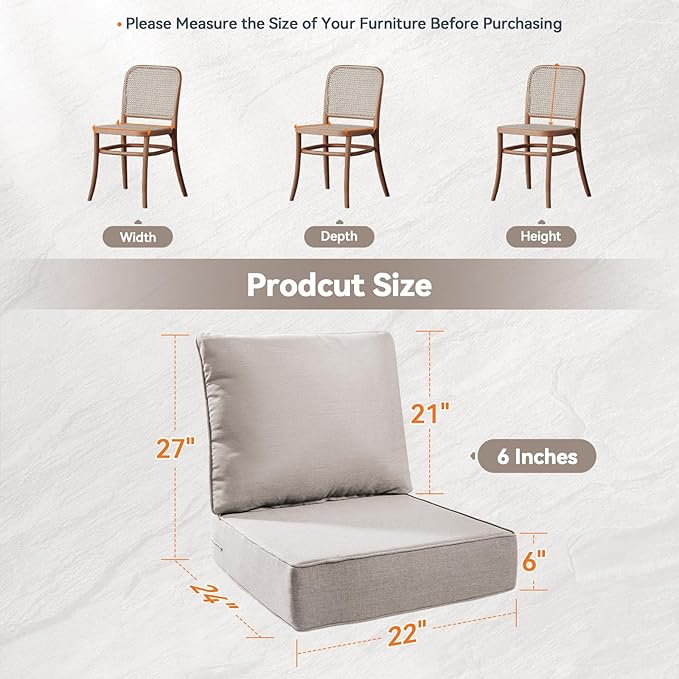 6" Thick Outdoor Cushions 22x24x6, 6-Set Deep Seat Patio Cushions with Removable Cover, Waterproof & Fade Resistant Replacement for Wicker Chair, Loveseat, Sofa - Beige