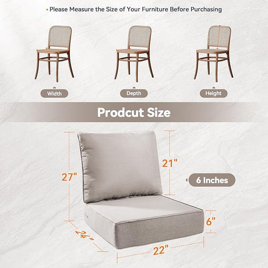 6" Thick Outdoor Cushions 22x24x6, 10-Set Deep Seat Patio Cushions with Removable Cover, Waterproof & Fade Resistant Replacement for Wicker Chair, Loveseat, Sofa - Beige