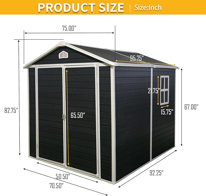 JT 6×8ft Resin Outdoor Storage Shed,Outdoor Storage Shed with Floor & Window to Store Patio Furniture, Garden Tools Bike Accessories, Beach Chairs and Lawn Mower. (Black, 6ft*8ft)