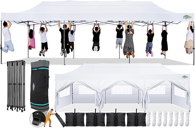 COBIZI 10x30 Pop Up Canopy with 8 Sidewall,Heavy Duty UPF 50+ All Season Wind Waterproof Commercial Outdoor Wedding Party Tents for Parties Canopy Gazebo with Roller Bag(10 x 30 ft White)