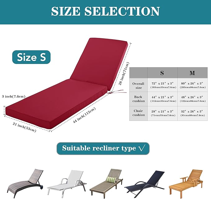 Outdoor Chaise Lounge Cushion Set of 2, Fadesafe Water-Repellent Lounge Deck Reclining Chair Cushions for Patio Furniture Lawn Pool Resort Hotel, 72x21x3 Inch, Burgundy