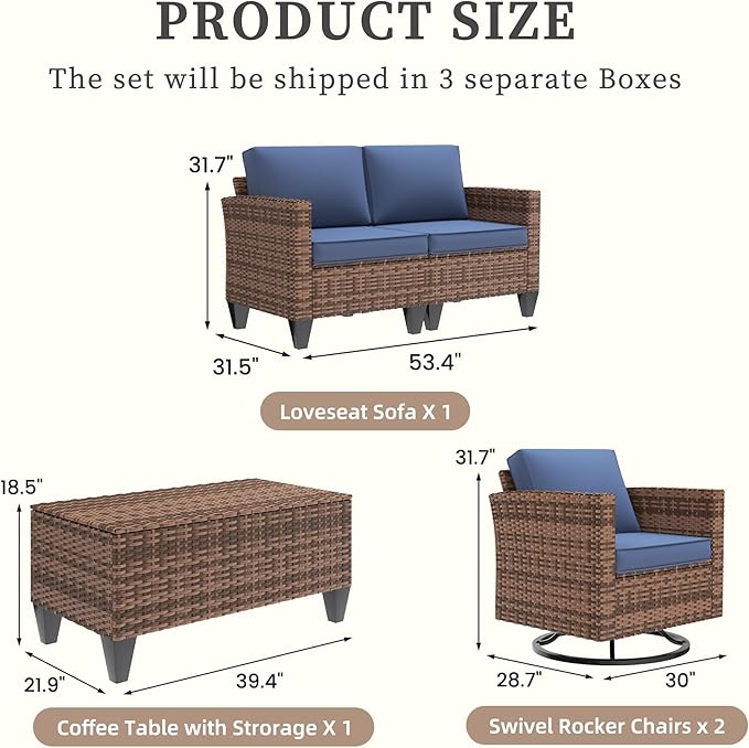 UDPATIO Patio Furniture Set, 5 Pieces Outdoor Wicker Furniture Set with Swivel Rocking Chairs Storage Table and Waterproof Covers for Backyard, Deck, Porch, Navy