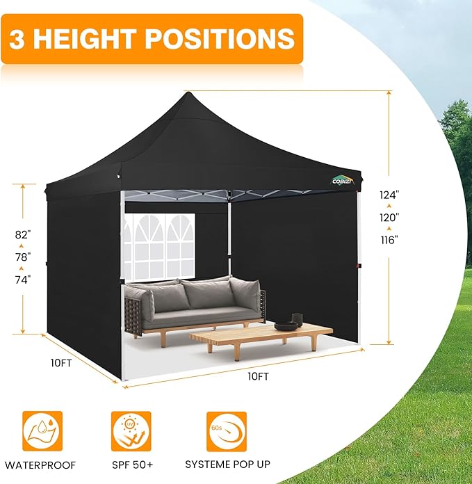 COBIZI 10x10 Pop Up Canopy with 3 Sidewalls, Canopy Tent 10x10 for Parties, Backyard, Commercial, Waterproof and Portable Instant Shelter UV50+ Ez Outdoor Canopy Gazebo with 4 Sandbags(Black)