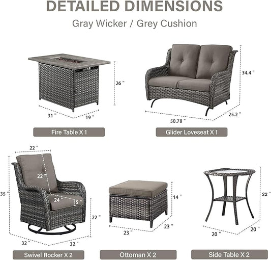 Belord 8 Piece Outdoor Patio Furniture Set - 41" CSA Propane Fire Pit Table Patio Conversation Set with Swivel Rocker Outdoor Chairs, Wicker loveseat and Ottoman for Outside Casual Gathering
