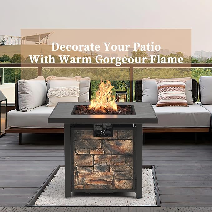 32'' Propane Fire Table for Outdoor, Sintered Stone Tabletop & Polyresin Natural Stone Base, 50000 BTU Gas Fire Pit Table for Outside Patio and Garden, with Lava Rock