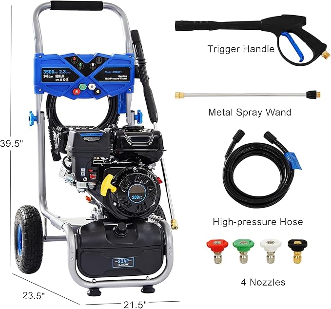 Ezasin Gas Pressure Washer 3500 PSI, 2.3 GPM Heavy Duty High Power Washer,209CC 7HP Engine with 25Ft Pressure Hose, Axial Aluminum Pump, Soap Tank, 4 Quick Connect Nozzle (Blue)