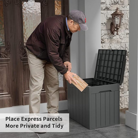 Flamaker Deck Box 31 Gallon Waterproof Resin Small Deck Box with Lid, Indoor Outdoor Package Delivery Box, Organization and Storage for Patio Furniture, Garden Tools, Outdoor Cushions (Grey)