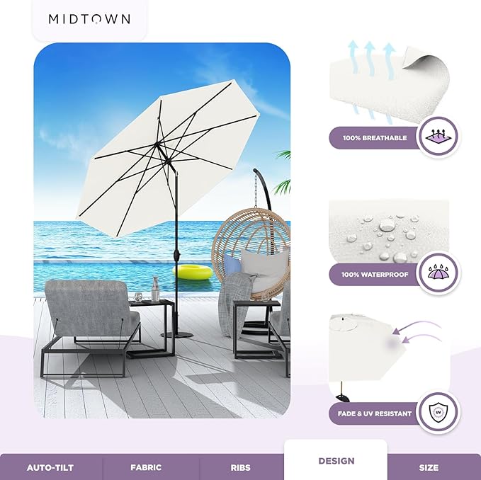 Midtown Umbrellas Sunbrella Umbrella 9 Feet Outdoor Umbrella With White Acrylic Fabric - Auto-Tilt Aluminum Frame Patio Umbrella For Backyard, Deck, Garden, Pool - Black Pole