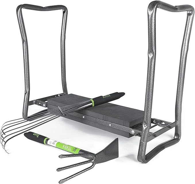Yard Butler - Garden Kneeler/Seat with Terra Rake and Terra Tiller - Gardening Tools & Supplies Set Perfect for Gardeners - Ergonomic & Durable Designs