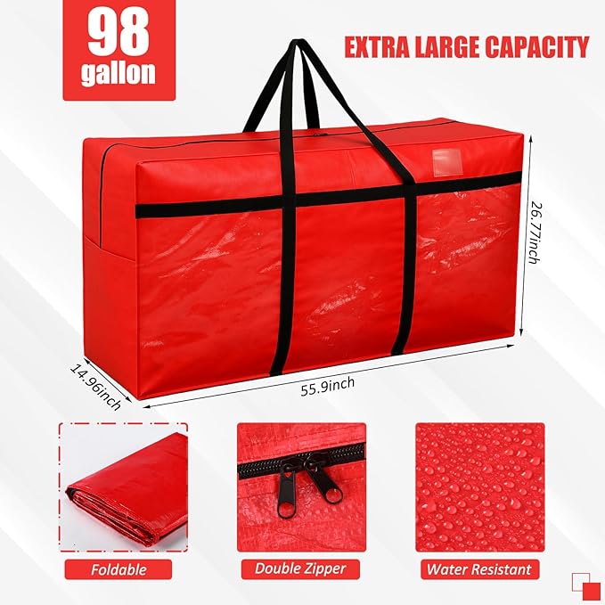 Windyun 4 Pack 98 Gallon Extra Large Storage Bags XXL Moving Bags with Zipper Handles Heavy Duty Jumbo Big Tote Box for Christmas Tree Storage 4, 5, 7.5, 9, 10, 12 ft Skeleton College Dorm(Red)