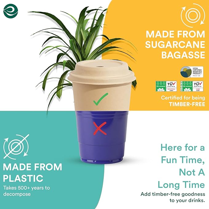 ECO SOUL 100% Compostable Coffee Cups With Lids & Sleeves - To Go Coffee Disposable Bagasse Cups |Sturdy & Eco-Friendly Cups for Cafes, Party, Office (100, 16 Oz)