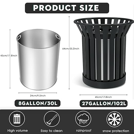 25.2IN Large Round Large Outdoor Trash Can, Heavy Duty Metal Slatted Garbage Can Outdoor, All Weather Resistant Commercial Garbage Cans, Waste Receptacle in Park, School, Beach, Patio Black