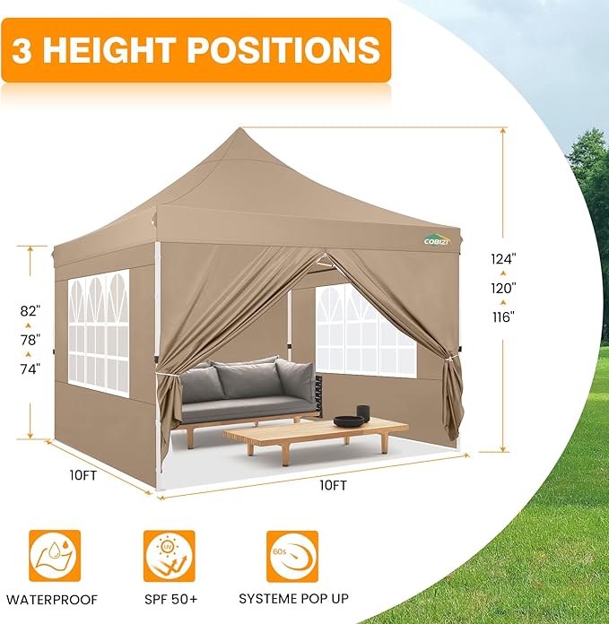 COBIZI 10x10 Pop Up Canopy with 4 Sidewalls, Pop up Tent 10x10 for Parties, Backyard, Commercial, Waterproof and Portable Instant Shelter UV50+ Ez Outdoor Canopy Gazebo with 4 Sandbags