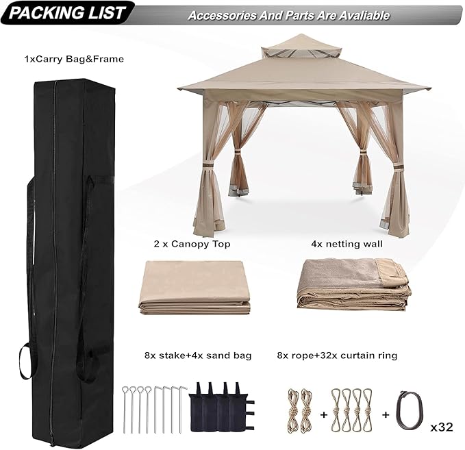 ABCCANOPY Pop Up Gazebo 13x13 - Outdoor Canopy Tent with Mosquito Netting for Patio Garden Backyard (Khaki)