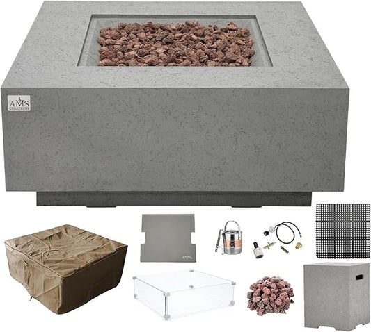 AMS Creations | Brooklyn 40" Bundle Square Propane Gas Outdoor Fire Pit Table | Light Gray Concrete GFRC | Limestone Texture Surface Fire Pit Table
