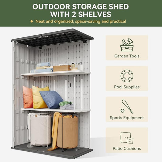 Aoxun 64 Cu.Ft Outdoor Storage Shed with Floor and 2 Shelves, Waterproof Horizontal Resin Cabinet for Garage Storage, Pool Storage, Bike Shed, Garden Shed