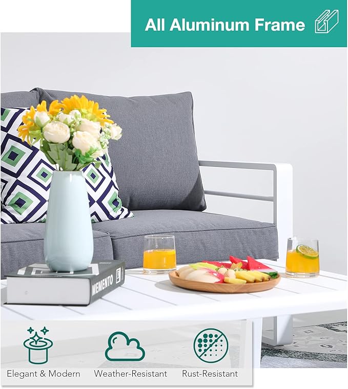 Patiorama Aluminum Patio Furniture Set, 2 PCS Outdoor Armchairs Single Sofa Couch, All Weather White Metal Chair with Olefin Cushion, Deep Seating, 300 lbs Capacity, Deck, Garden-Grey Cushion