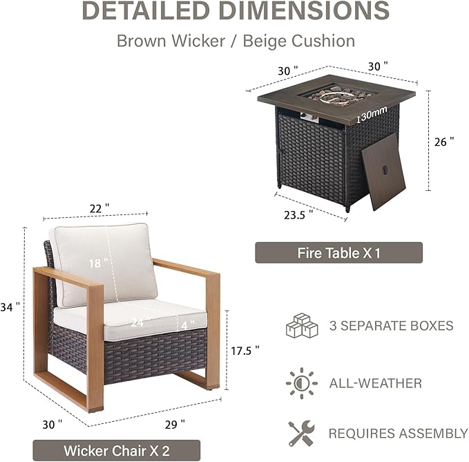 Belord Social 5 Pieces Patio Furniture Set - Patio Chairs Set of 4 with 50000BTU Propane Fire Pit Table, Durable Wicker Outdoor Conversation Set for Casual Gathering