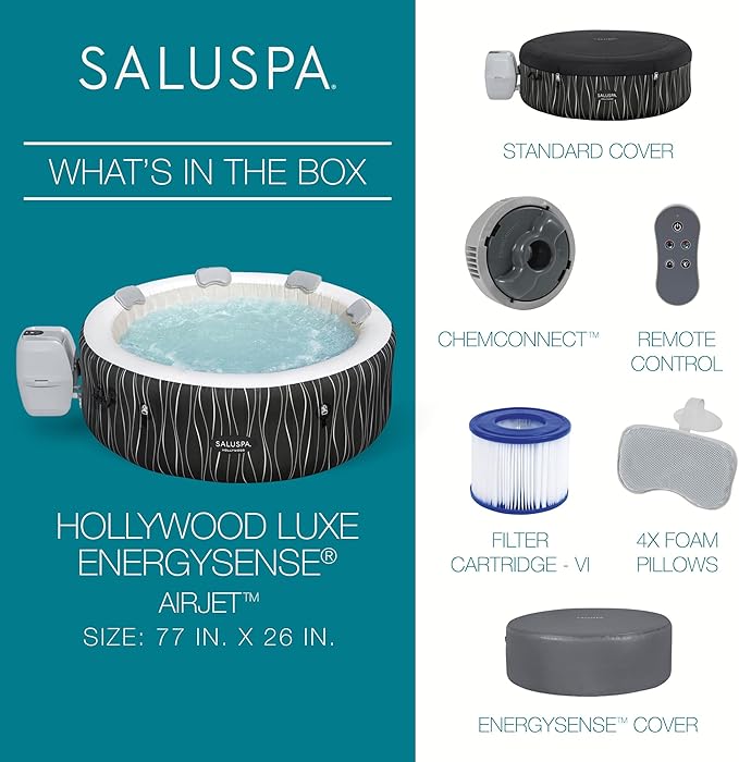Bestway SaluSpa Hollywood EnergySense Luxe AirJet Round Inflatable 4 to 6 Adult Hot Tub with Heater, Filter, 2 Covers, and 140 AirJet System