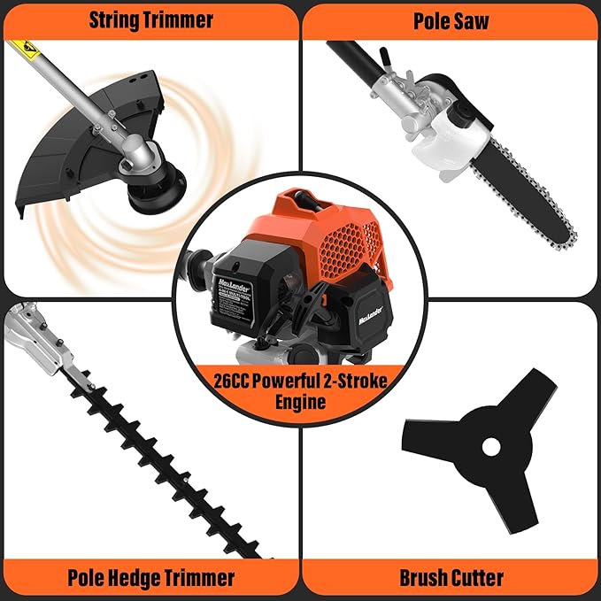 MAXLANDER 26cc Gas Weed Wacker, 4-in-1 Multi Garden Tools, String Trimmer 17", Pole Saw 8", Hedge Trimmer 16", and Brush Cutter Blade 10", with Rubber Handle & Shoulder Strap Included for Yard Care